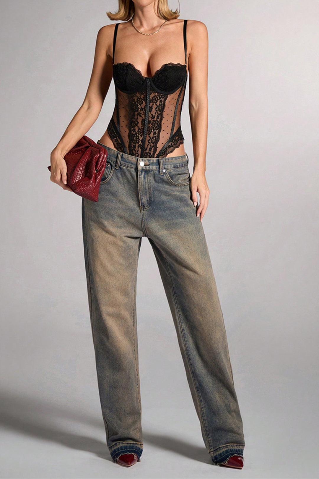 Dantel Sırt Açık Bustiyer Korsaj Askılı Bodysuit