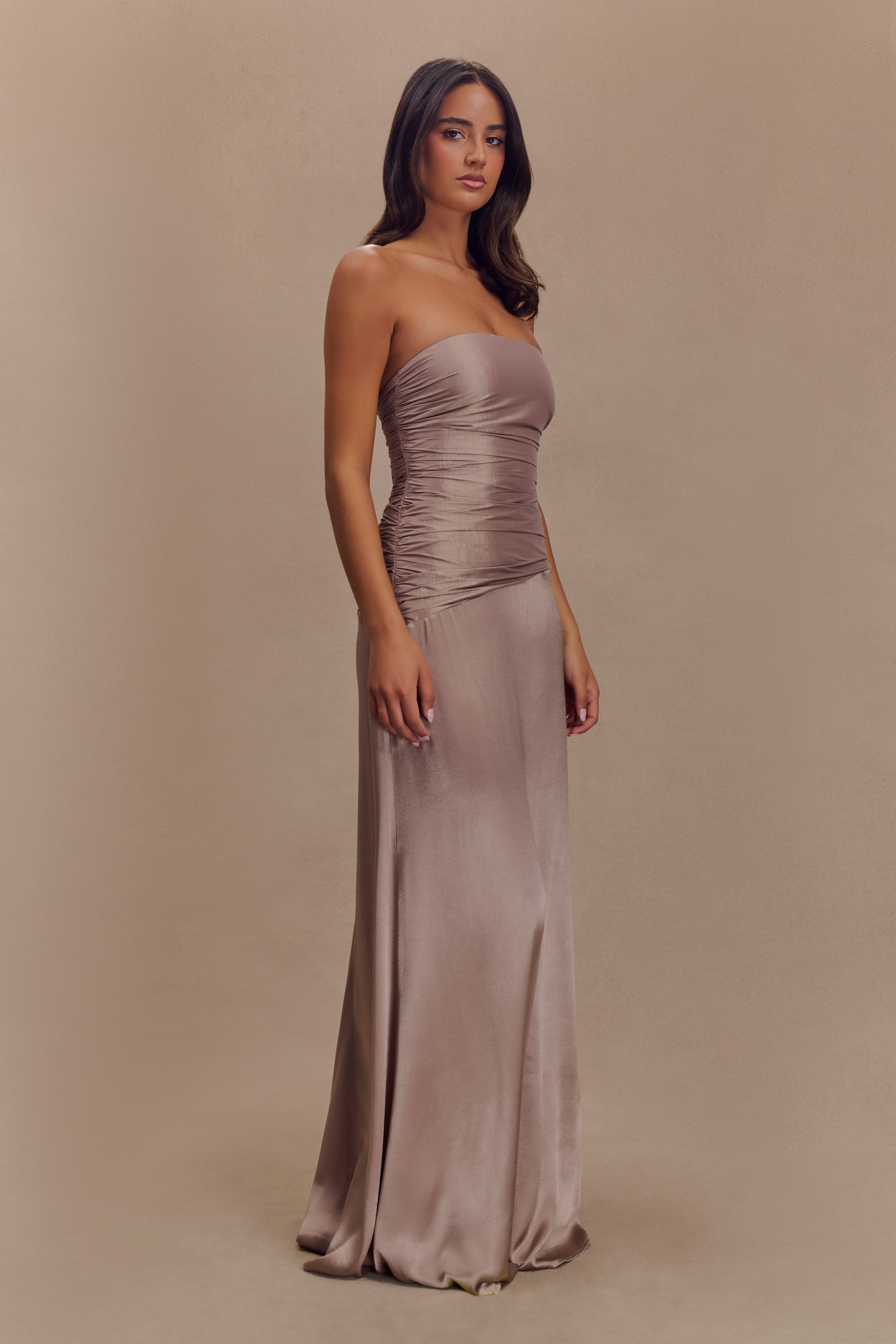 ROF Serena Straplez Tafta Maxi Elbise - Bronz Taupe