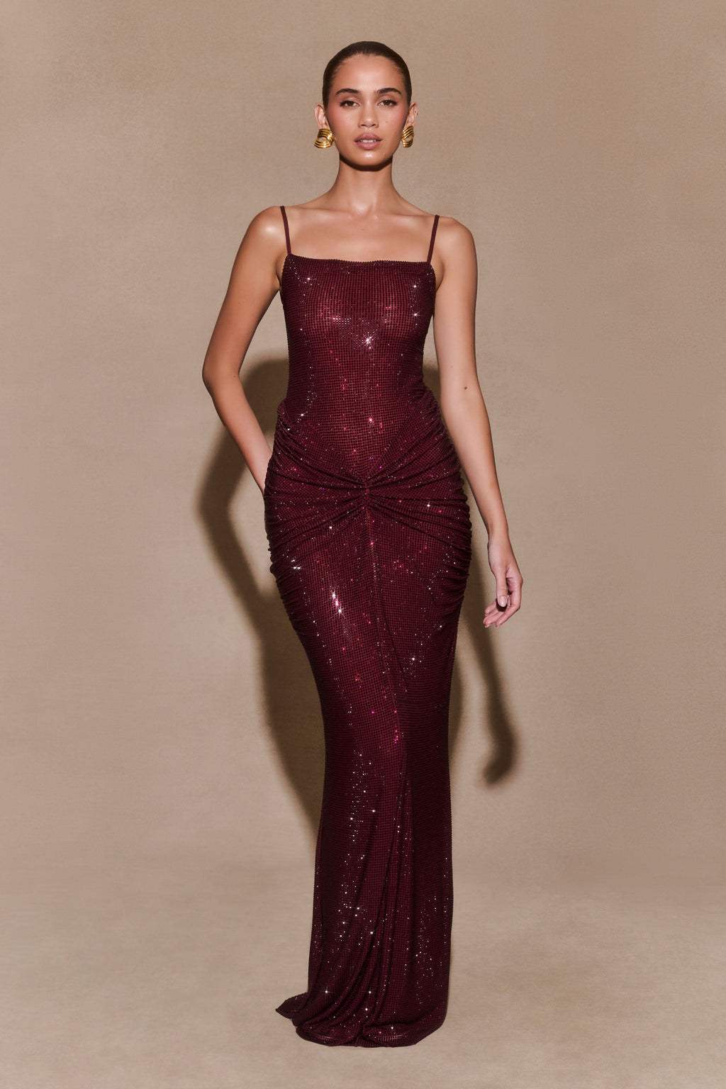 ROF Roisin Diamante Saten Maxi Elbise - Maun
