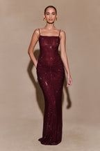 ROF Roisin Diamante Saten Maxi Elbise - Maun