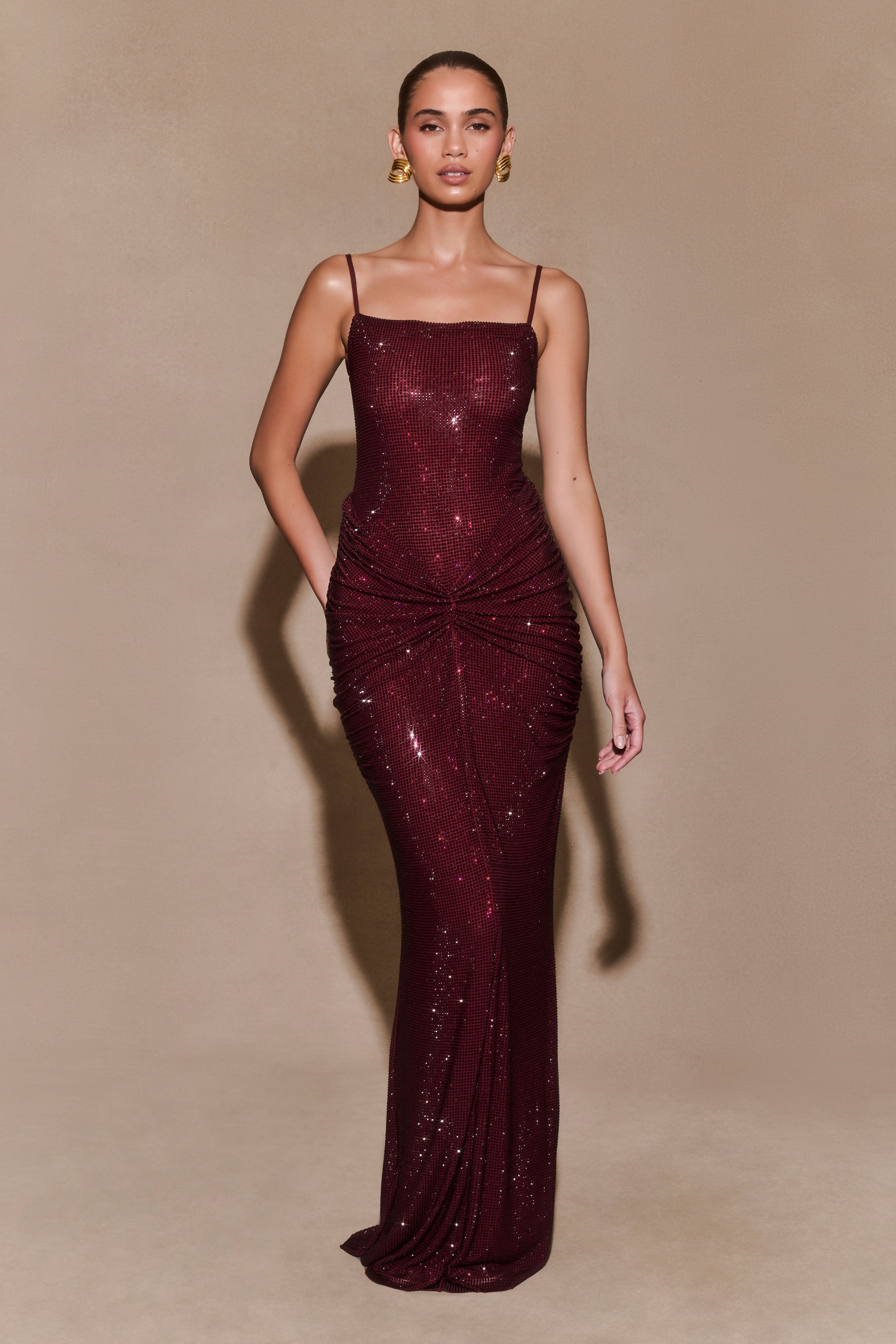 ROF Roisin Diamante Saten Maxi Elbise - Maun