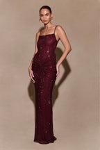 ROF Roisin Diamante Saten Maxi Elbise - Maun