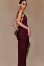 ROF Roisin Diamante Saten Maxi Elbise - Maun