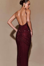 ROF Roisin Diamante Saten Maxi Elbise - Maun