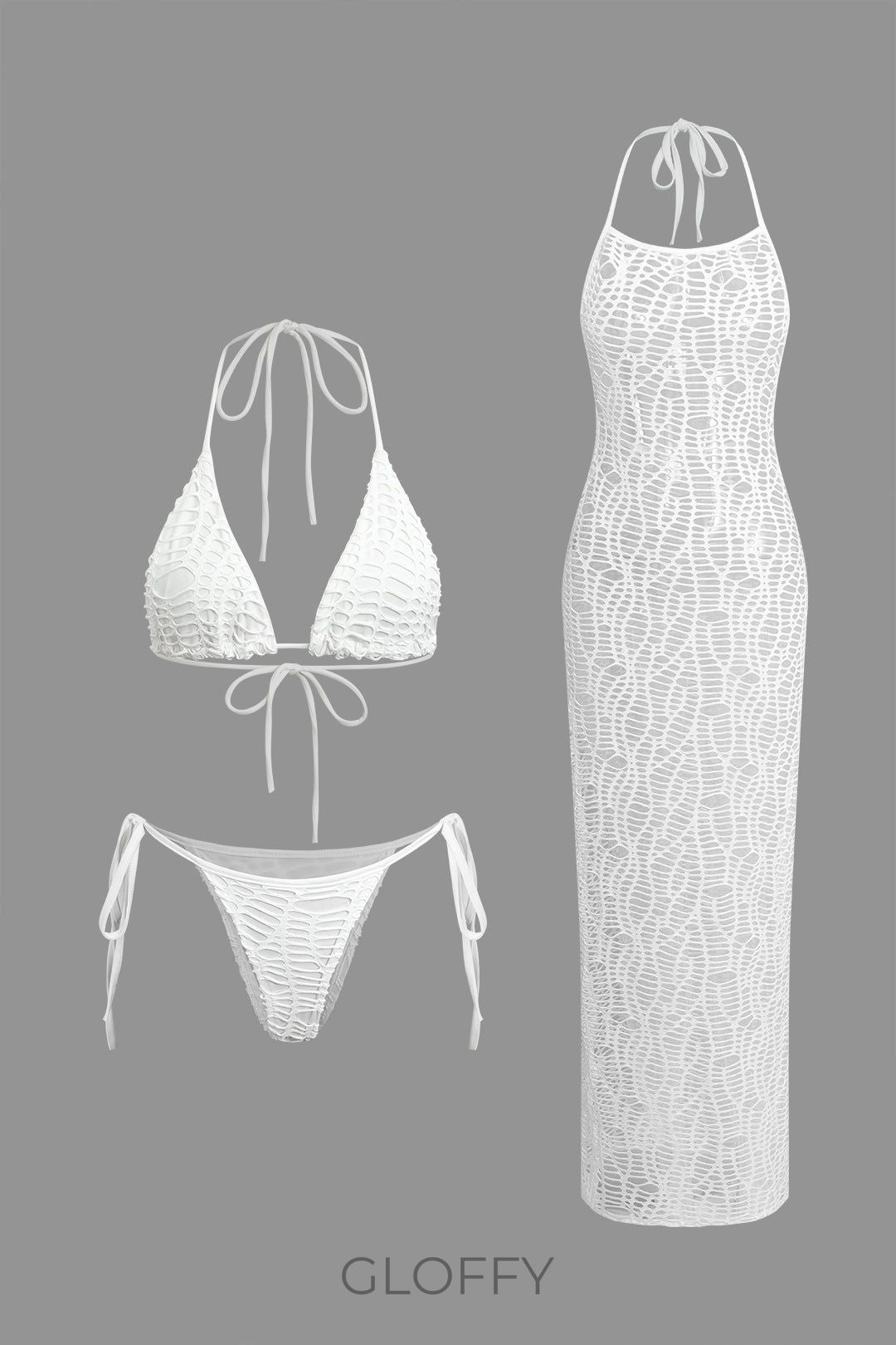 Dokulu Boyundan Bağlamalı Bikini Ve Açık Örgü Örtü Takımı