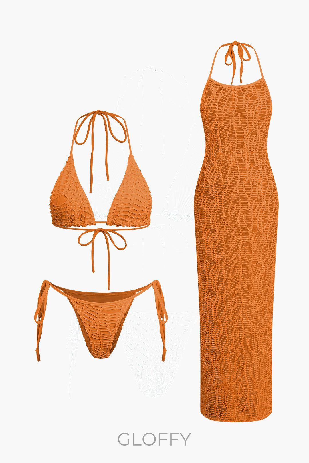 Dokulu Boyundan Bağlamalı Bikini Ve Açık Örgü Örtü Takımı