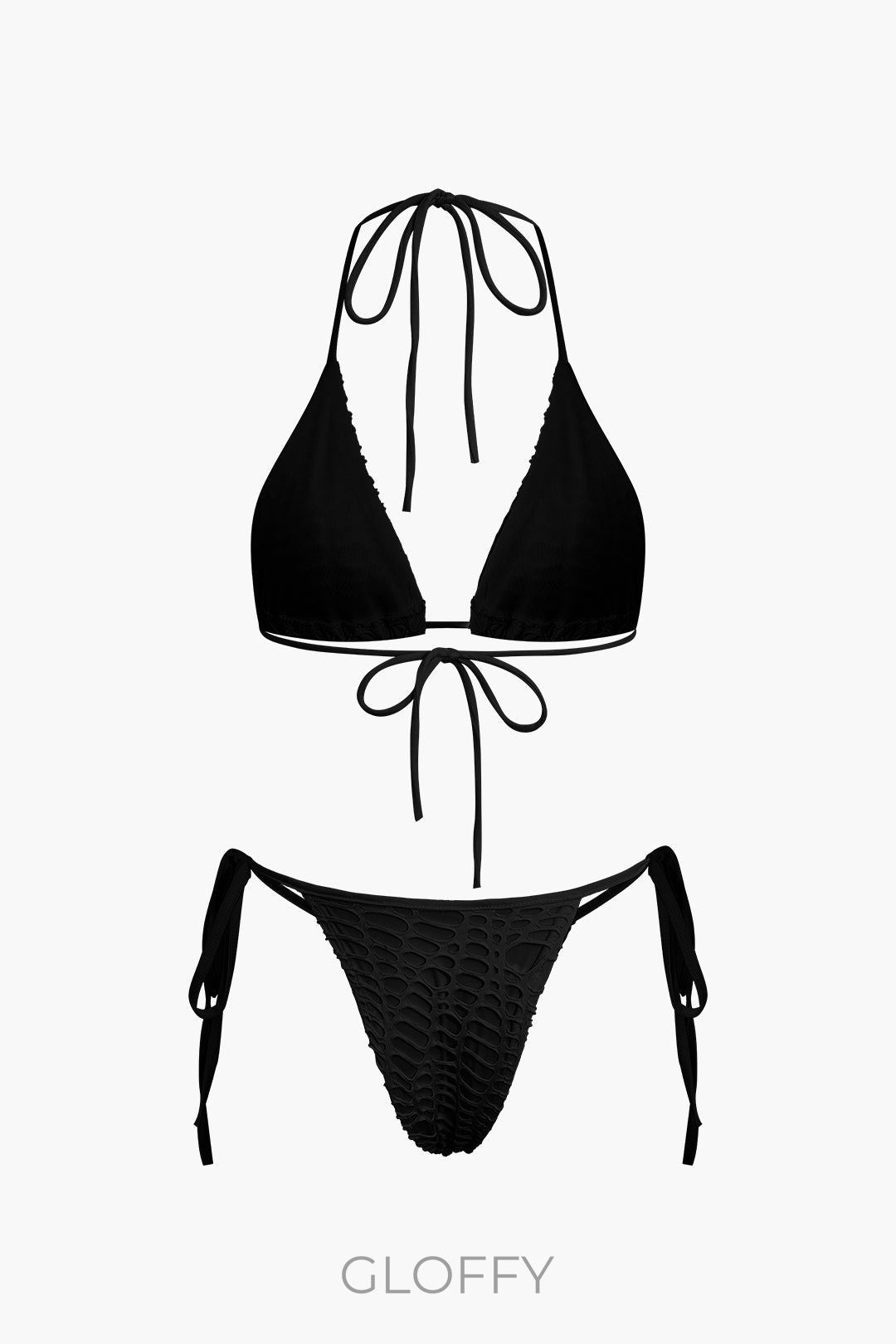 Dokulu Boyundan Bağlamalı Bikini Ve Açık Örgü Örtü Takımı