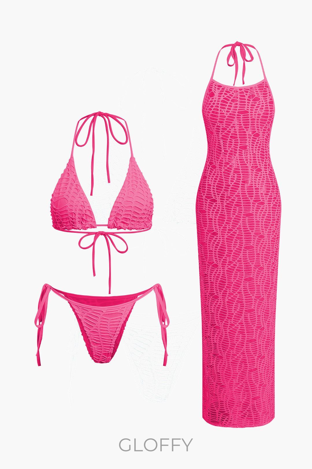 Dokulu Boyundan Bağlamalı Bikini Ve Açık Örgü Örtü Takımı