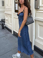 Patchwork V Yaka Cami Midi Elbise