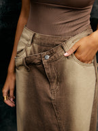 Yıkanmış Asimetrik Denim Maxi Etek