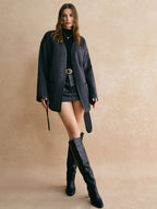 Retro Piping Kemerli Belden Lazer Kesim Ceket