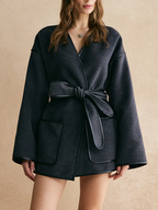 Retro Piping Kemerli Belden Lazer Kesim Ceket