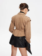 Retro Yaka Kemerli Kısa Ceket