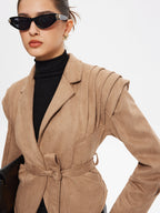 Retro Yaka Kemerli Kısa Ceket