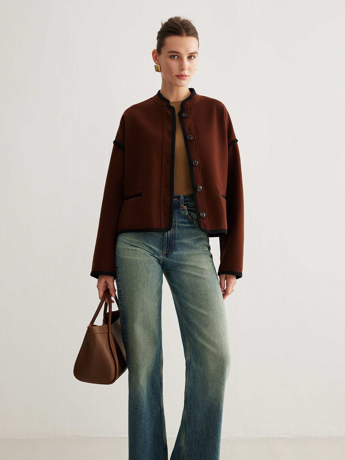 Minimalist Kontrast Şeritli Tweed Ceket