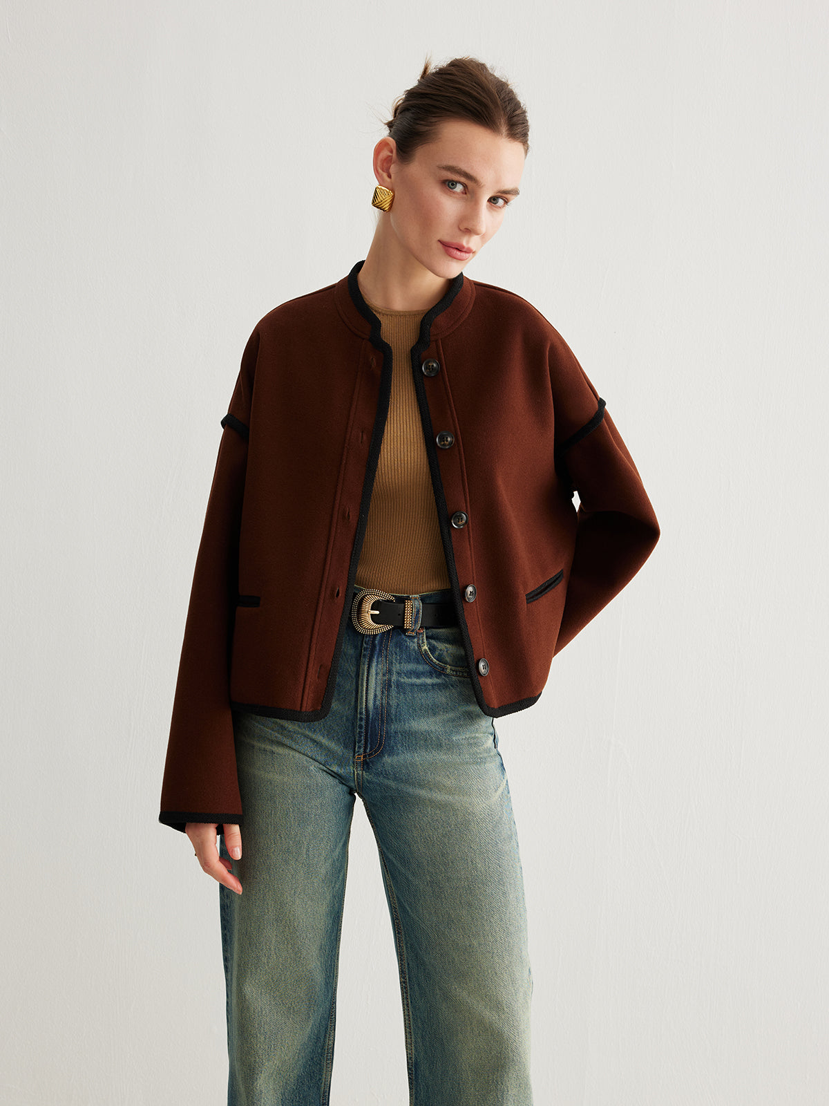 Minimalist Kontrast Şeritli Tweed Ceket