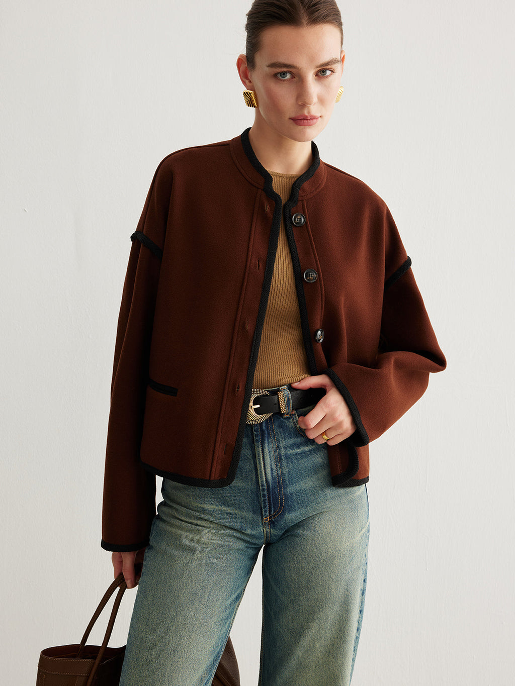 Minimalist Kontrast Şeritli Tweed Ceket