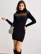 Şık Yarım Boğaz İnce Kazak Elbise Şeffaf Aksesuarlarla