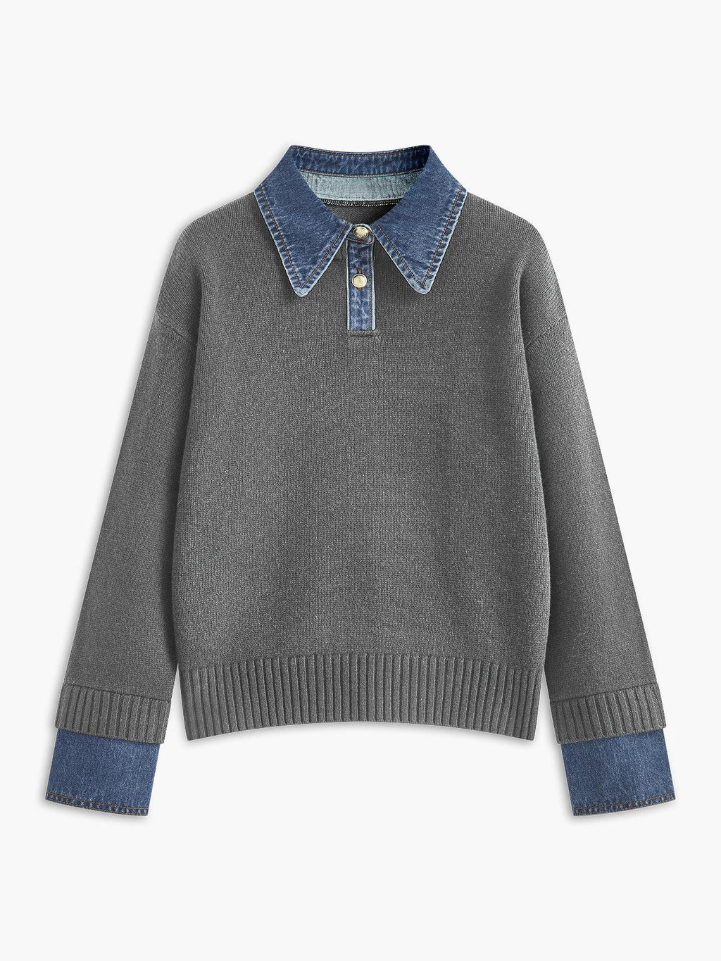 Denim Detaylı Triko Kazak