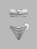 Şık Çizgili Bandeau Bikini Takımı Çiçek Aksamları ile