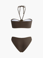 Şık Oval Yüzük Bant Bikini Takımı ve Akışkan Drapeli Etek