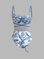 Şık Kuş Baskılı Kemerli Tek Parça Mayo