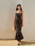 Şık Fırfırlı Etekli Çiçek Desenli Elbise