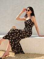 Şık Fırfırlı Etekli Çiçek Desenli Elbise