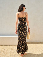 Şık Fırfırlı Etekli Çiçek Desenli Elbise