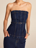 Şık Denim Askısız Bluz, Şık Bir Kemere Sahip