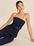 Şık Denim Askısız Bluz, Şık Bir Kemere Sahip