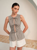Şık Gingham Düğmeli Peplum Bluz