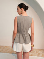 Şık Gingham Düğmeli Peplum Bluz