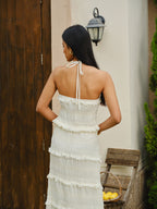Şık Smoked Halter Kısa Bluz ve Akışkan Katmanlı Etek Takımı