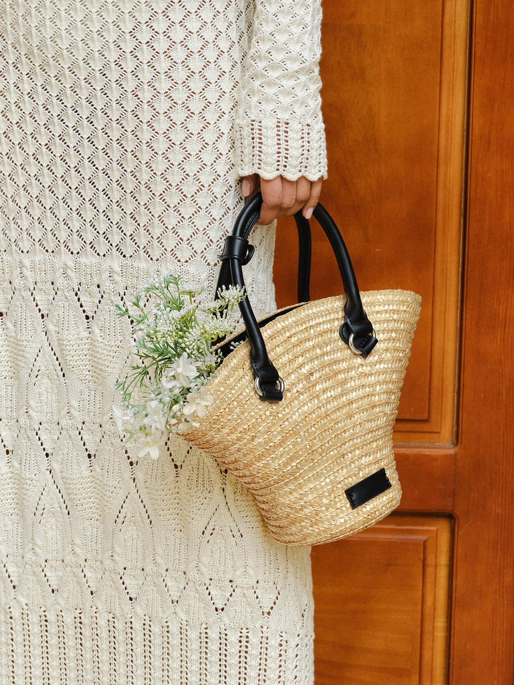 Şık Saman Tote Çanta, Şık Deri Kollar ile