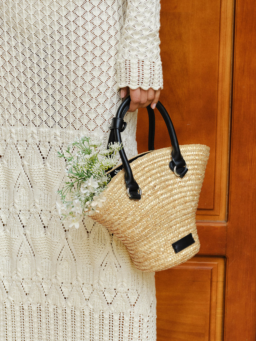 Şık Saman Tote Çanta, Şık Deri Kollar ile