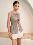Şık Gingham Düğmeli Peplum Bluz