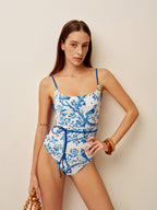 Şık Kuş Baskılı Kemerli Tek Parça Mayo