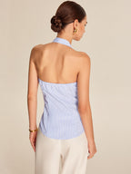 Şık Çizgili Halter Yaka Kravat Bluzu