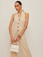 Şık Halter Yaka Fiyonk Detaylı İki Parça Pantolon Takımı