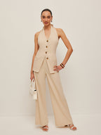 Şık Halter Yaka Fiyonk Detaylı İki Parça Pantolon Takımı