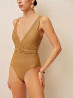 Şık V-Yaka Tek Parça Mayo Şık Kemer ile