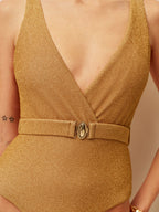 Şık V-Yaka Tek Parça Mayo Şık Kemer ile