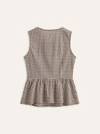 Şık Gingham Düğmeli Peplum Bluz