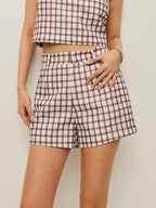 Şık Kareli Kolsuz Crop Top ve Şort Takımı