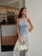 Şık V Yaka Ribanalı Kazak Yeleği Şık Yırtmaçlarla