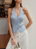 Şık V Yaka Ribanalı Kazak Yeleği Şık Yırtmaçlarla