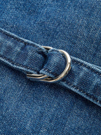 Şık Denim V Yaka Kısa Pantolon Takımı, Metal Düğmeli Bağlama Detayı ile