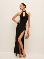 Şık Flora Halter Kesim Yırtmaçlı Etek Takımı