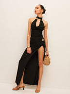 Şık Flora Halter Kesim Yırtmaçlı Etek Takımı